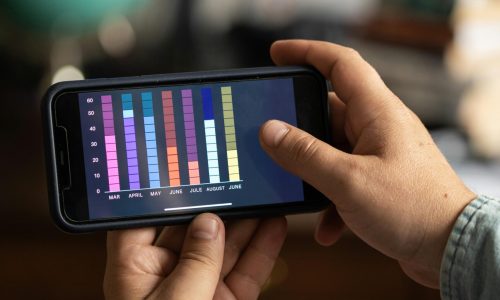 Close-up of a smartphone displaying colorful data charts held by hands, showcasing digital analytics.